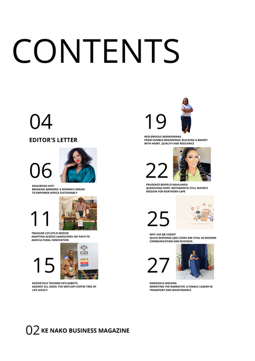 Table of contents for Ke Nako Business Magazine with images and page numbers.