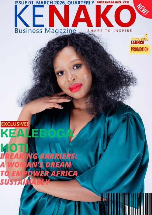 Kenako business magazine cover with a woman in a teal dress on a white background